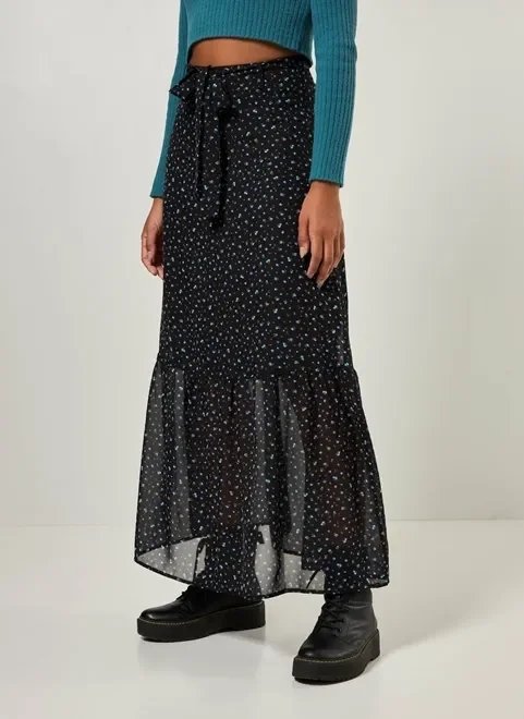 saia midi preta com florzinhas azuis saia midi preta com florzinhas azuis