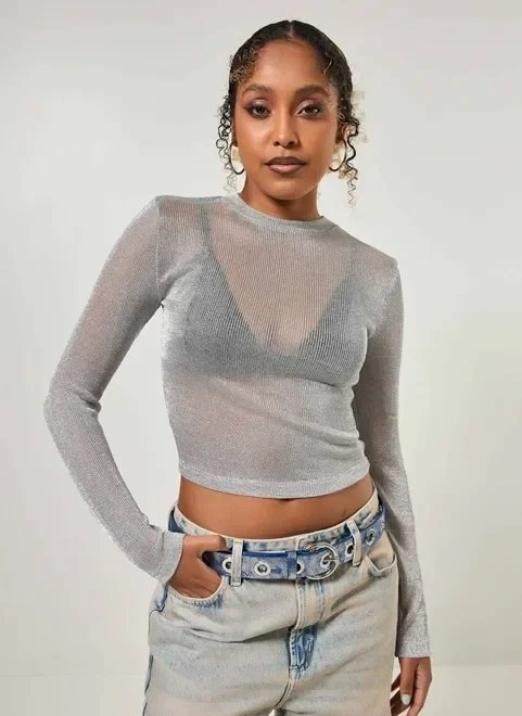 blusa manga longa em tela prateada blusa manga longa em tela prateada