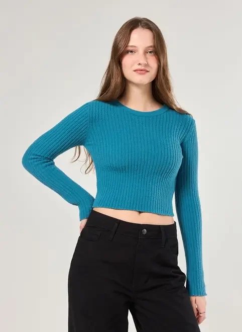 blusa manga longa em tricô azul blusa manga longa em tricô azul
