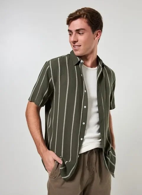 camisa linho verde com listras camisa linho verde com listras
