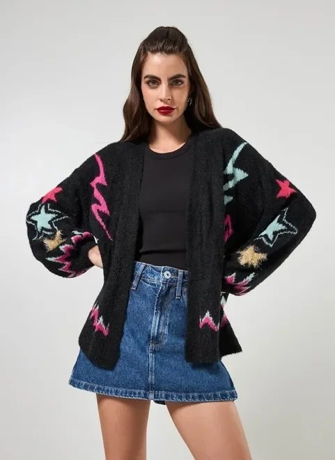 cardigan preto com desenhos coloridos cardigan preto com desenhos coloridos