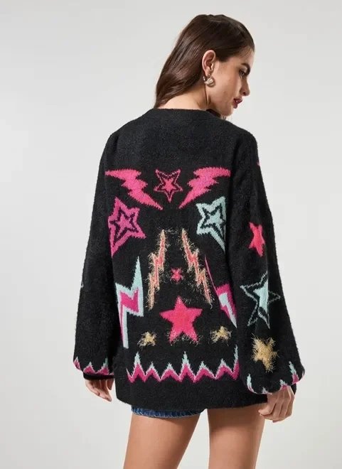 cardigan preto com desenhos coloridos cardigan preto com desenhos coloridos