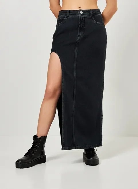 saia midi jeans preta com fenda aberta saia midi jeans preta com fenda aberta