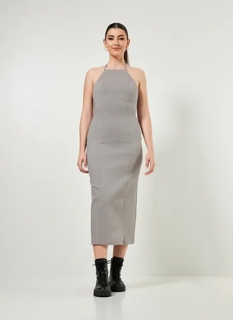 vestido midi frente única cinza vestido midi frente única cinza