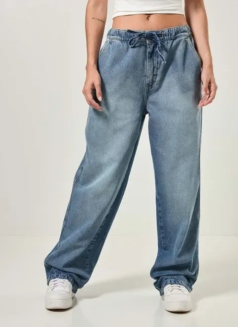 calça jeans loose com elástico calça jeans loose com elástico