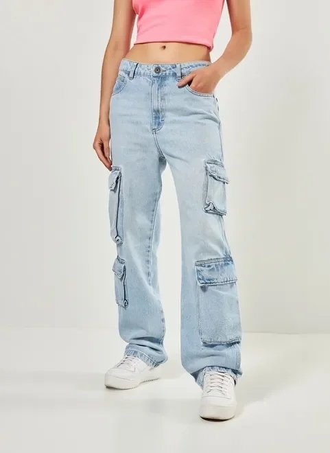 calça jeans cintura baixa cargo boyfriend calça jeans cintura baixa cargo boyfriend