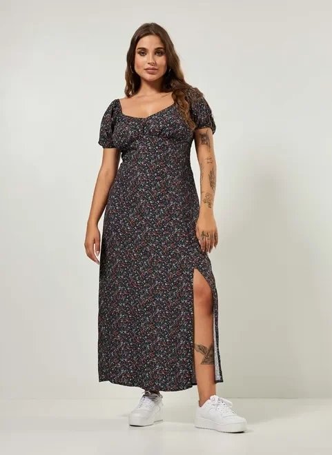 vestido midi escuro com florzinhas vestido midi escuro com florzinhas