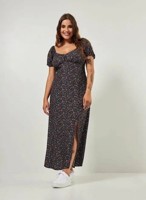 vestido midi escuro com florzinhas vestido midi escuro com florzinhas