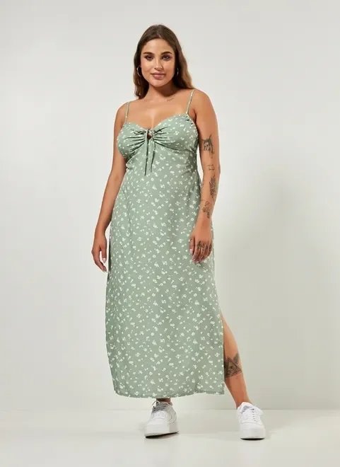 vestido midi verde seco com florzinhas vestido midi verde seco com florzinhas