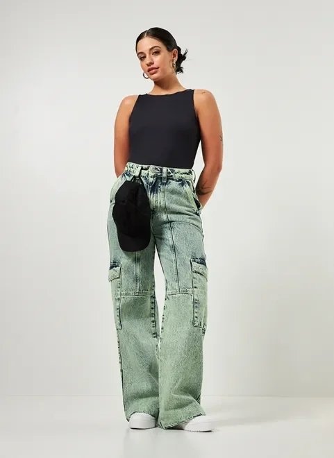 calça jeans wide leg verde cargo calça jeans wide leg verde cargo