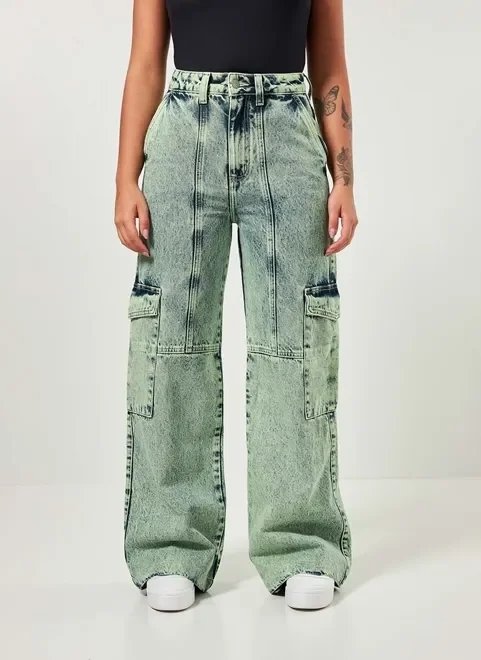 calça jeans wide leg verde cargo calça jeans wide leg verde cargo