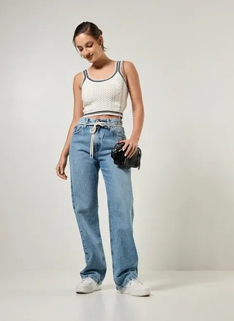 calça wide leg jeans com cadarço calça wide leg jeans com cadarço