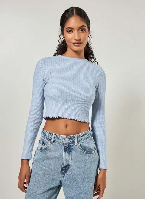 blusa cropped manga longa tricô texturizado blusa cropped manga longa tricô texturizado