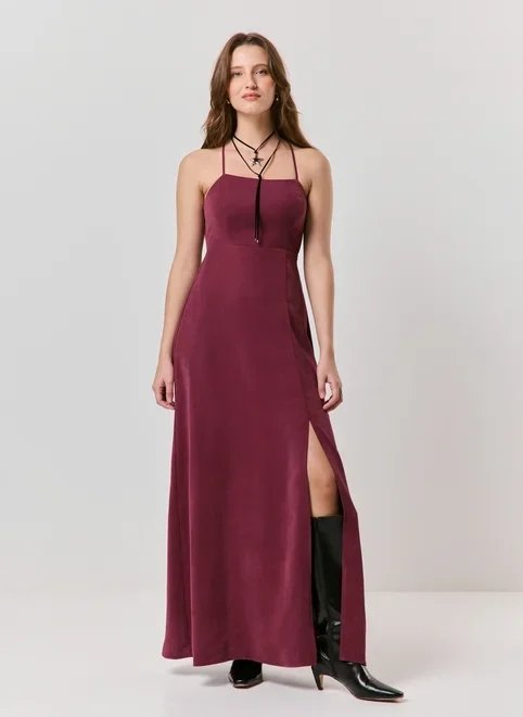 vestido longo com fenda cupro vestido longo com fenda cupro