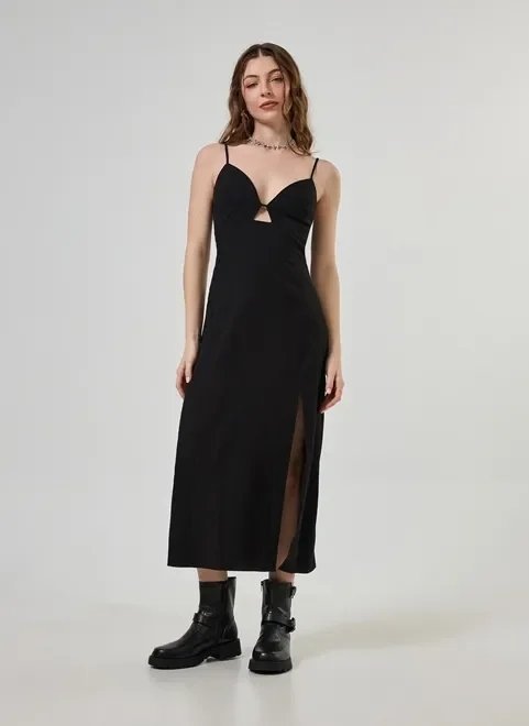 vestido midi preto com fenda e decote vestido midi preto com fenda e decote