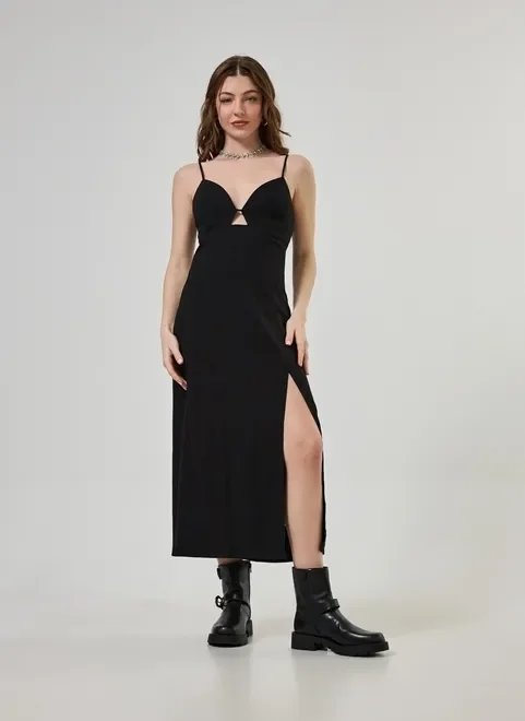 vestido midi preto com fenda e decote vestido midi preto com fenda e decote