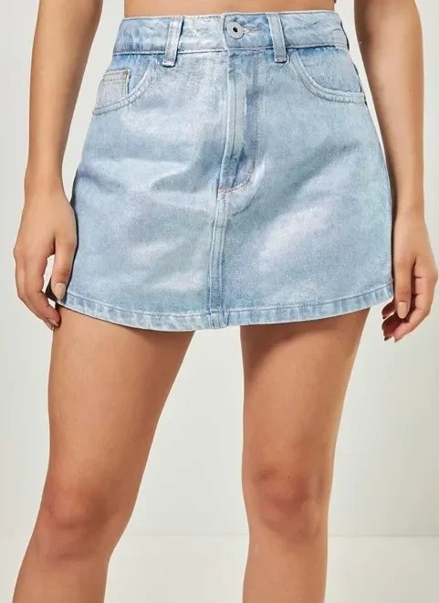 short saia jeans com foil metalizado short saia jeans com foil metalizado