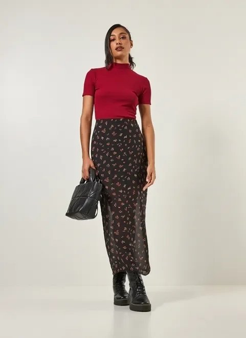 saia midi chiffon preto com florzinhas saia midi chiffon preto com florzinhas