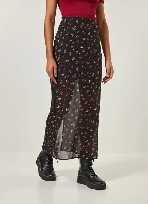 saia midi chiffon preto com florzinhas saia midi chiffon preto com florzinhas