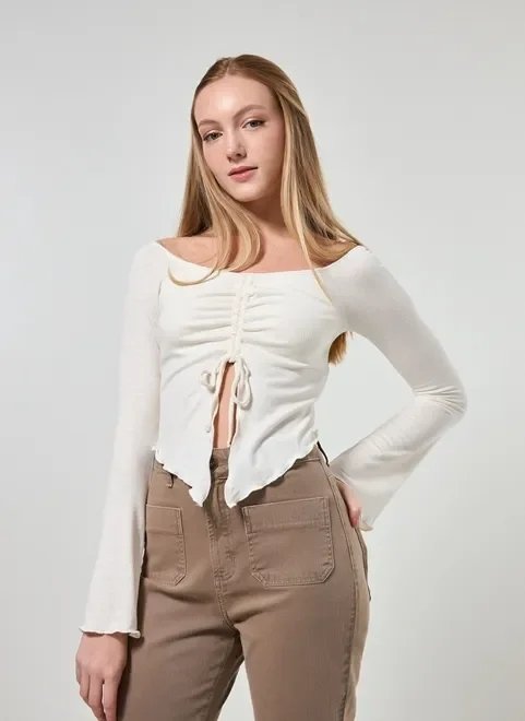 blusa manga longa ombro a ombro franzida blusa manga longa ombro a ombro franzida