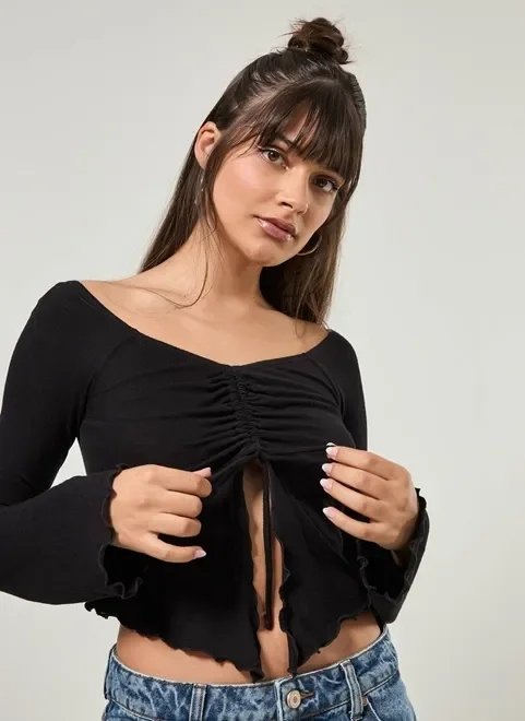 blusa manga longa ombro a ombro franzida blusa manga longa ombro a ombro franzida