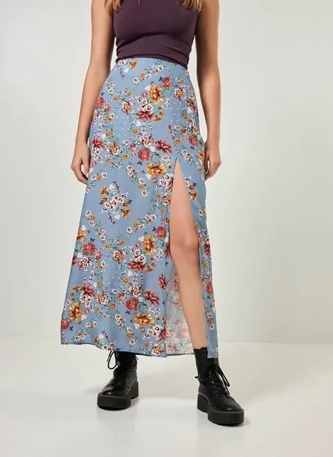saia midi com fenda azul floral saia midi com fenda azul floral