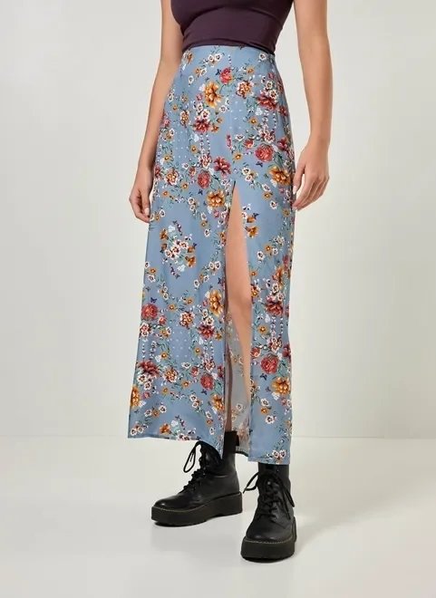 saia midi com fenda azul floral saia midi com fenda azul floral