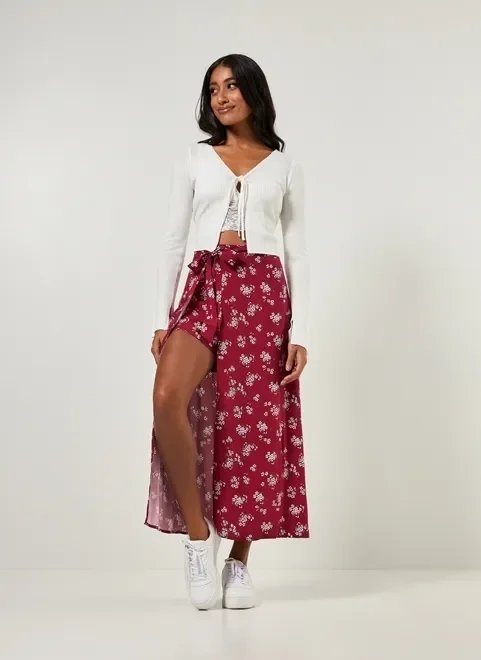 saia midi com short vinho florido saia midi com short vinho florido