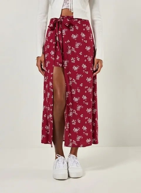 saia midi com short vinho florido saia midi com short vinho florido