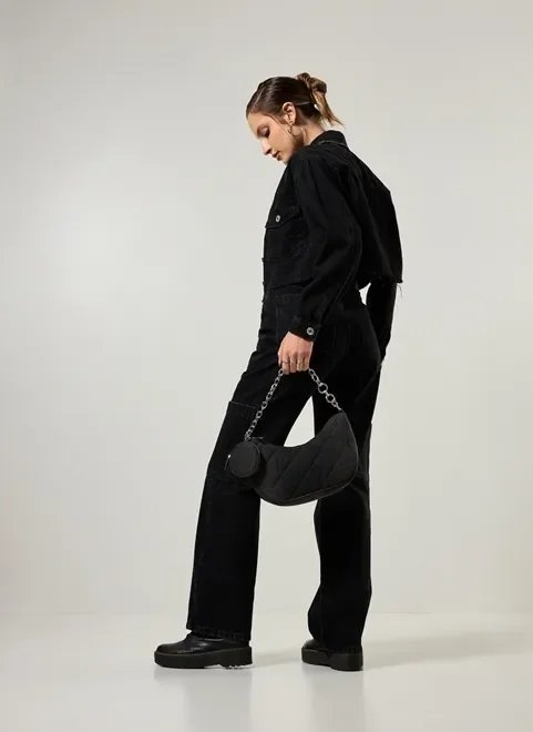 bolsa jeans preta com corrente bolsa jeans preta com corrente