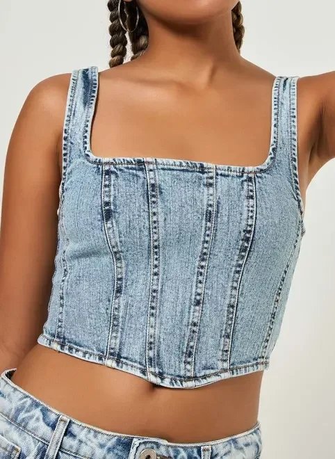 cropped jeans claro corsetado cropped jeans claro corsetado