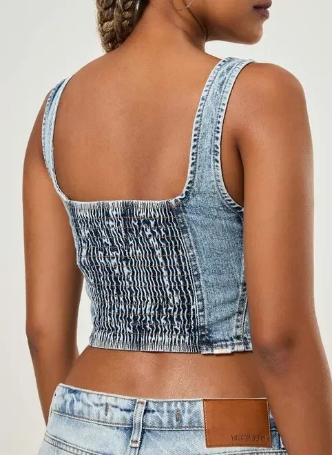 cropped jeans claro corsetado cropped jeans claro corsetado