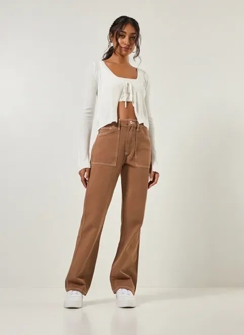 calça wide leg sarja com costuras contrastantes calça wide leg sarja com costuras contrastantes