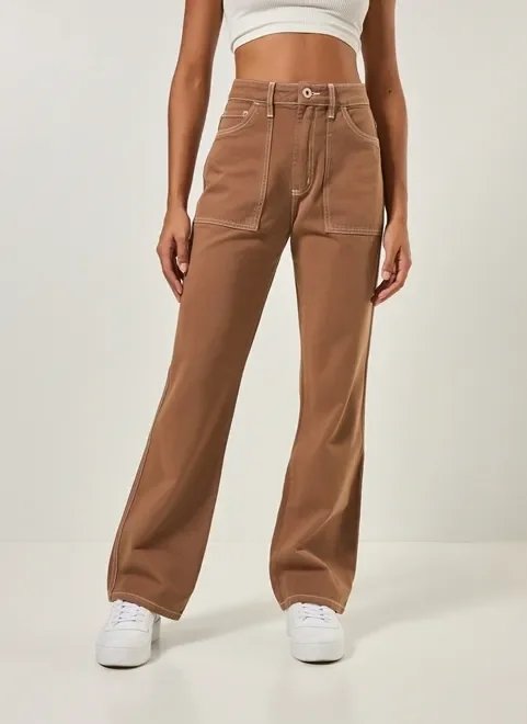 calça wide leg sarja com costuras contrastantes calça wide leg sarja com costuras contrastantes