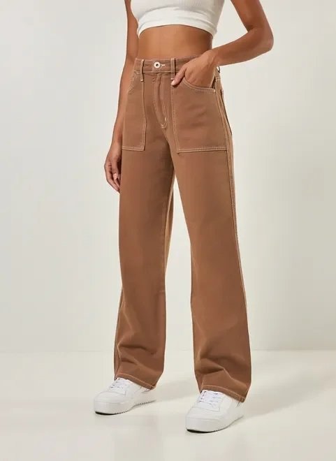 calça wide leg sarja com costuras contrastantes calça wide leg sarja com costuras contrastantes