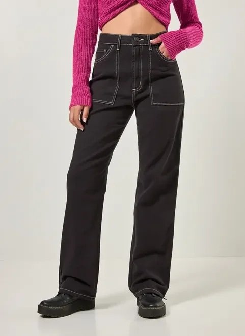 calça wide leg sarja com costuras contrastantes calça wide leg sarja com costuras contrastantes