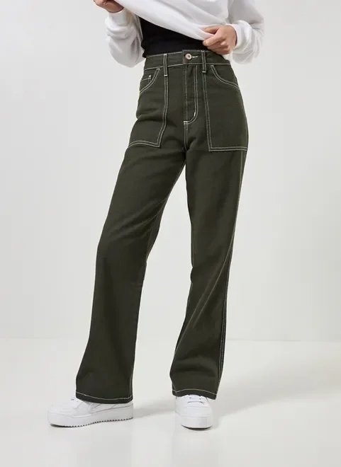 calça wide leg sarja com costuras contrastantes calça wide leg sarja com costuras contrastantes