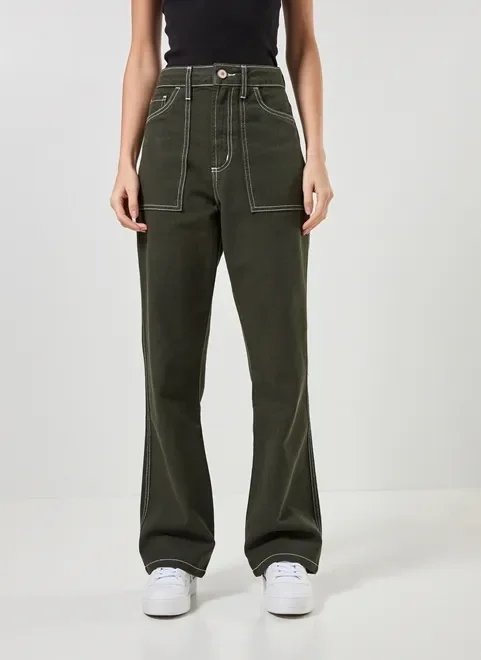 calça wide leg sarja com costuras contrastantes calça wide leg sarja com costuras contrastantes