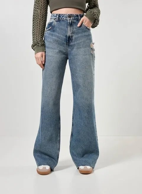 calça wide leg jeans com desfiado calça wide leg jeans com desfiado