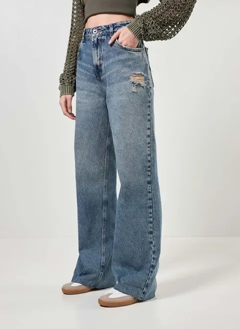 calça wide leg jeans com desfiado calça wide leg jeans com desfiado