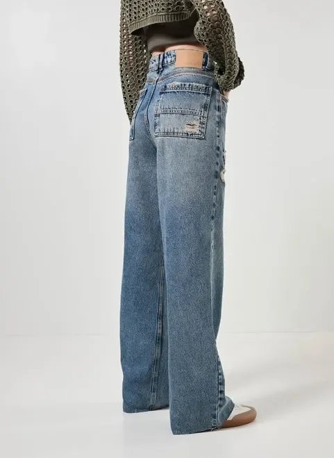 calça wide leg jeans com desfiado calça wide leg jeans com desfiado