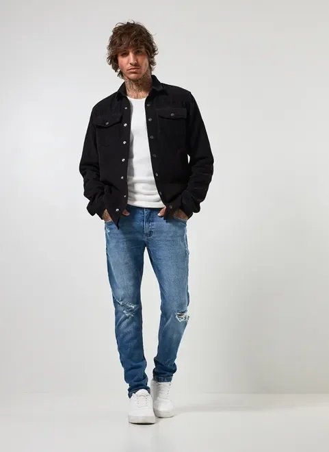 calça jeans skinny com elastano e rasgos calça jeans skinny com elastano e rasgos