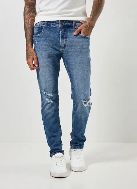 calça jeans skinny com elastano e rasgos calça jeans skinny com elastano e rasgos