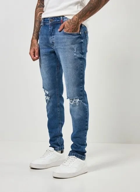 calça jeans skinny com elastano e rasgos calça jeans skinny com elastano e rasgos