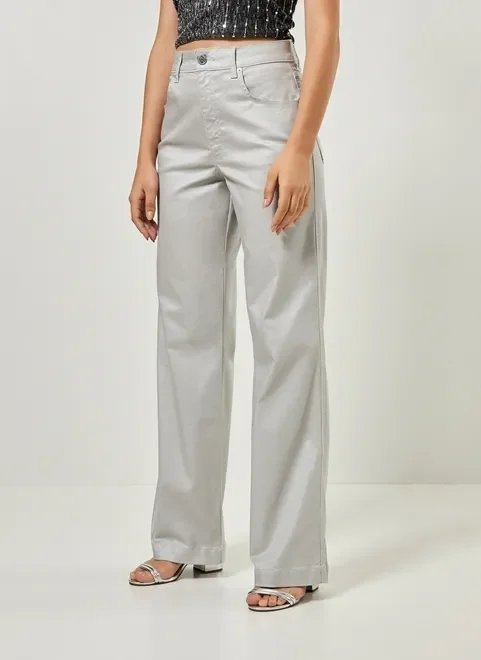 calça wide leg em sarja prateada calça wide leg em sarja prateada