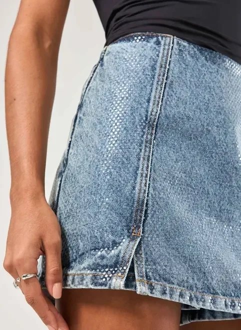 short saia jeans com brilho molhado short saia jeans com brilho molhado
