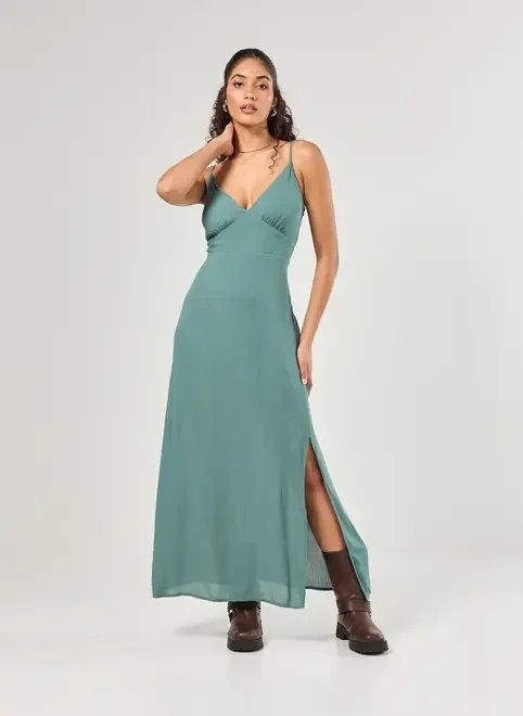 vestido midi com fenda e alcinhas vestido midi com fenda e alcinhas