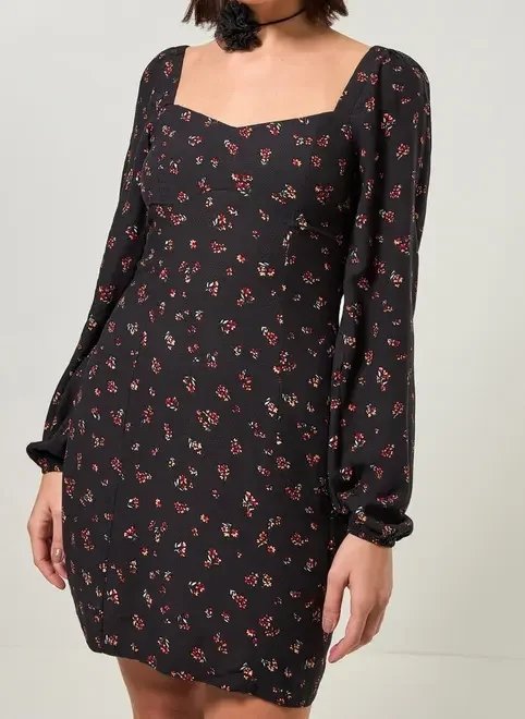 vestido de manga longa preto florzinhas vestido de manga longa preto florzinhas