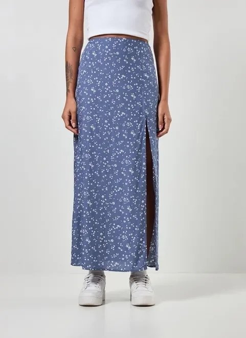 saia midi azul com florzinhas saia midi azul com florzinhas