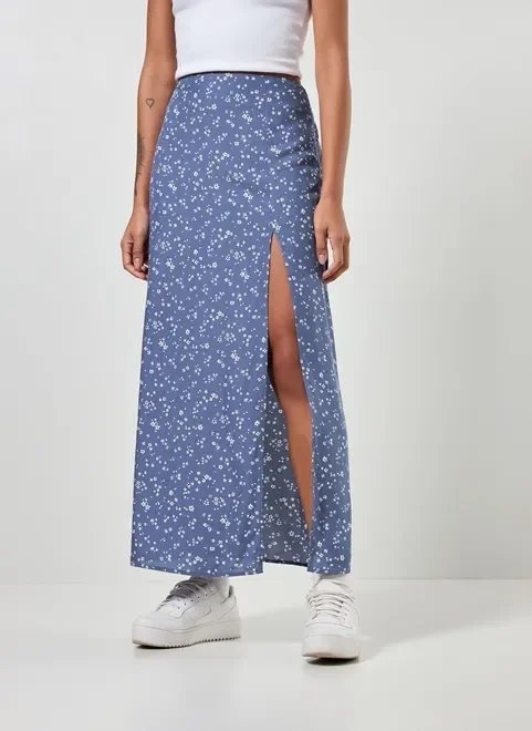 saia midi azul com florzinhas saia midi azul com florzinhas